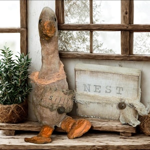 Primitive Farmhouse Goose Shelf Sitter | Rustic Spring & Easter Home Décor | Hand-Stamped “NEST” Wood Block