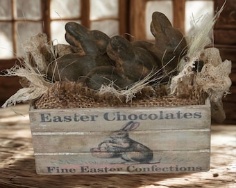 Primitive Easter Chocolate Mini Crate Decor | Rustic Farmhouse Bunny Display | Antique Style Spring Shelf Accent