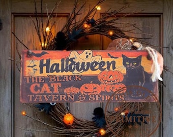 Handmade The Black Cat Tavern Halloween Wood Sign with Hand-Applied Artwork | Rustic Farmhouse Halloween Fall Decor | 13×5 Primitive Sign