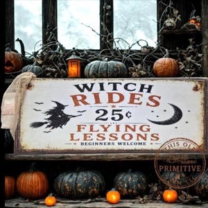 May include: A rectangular sign with a distressed white finish featuring the black text WITCH RIDES 25¢ FLYING LESSONS BEGINNERS WELCOME, a black silhouette of a witch on a broomstick, and a crescent moon, surrounded by various orange and green pumpkins.