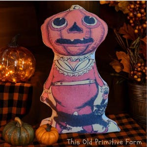 New Primitive Farmhouse Halloween vintage retro Pumpkin pal and black cat nostalgic decorative pillow shelf sitter tuck