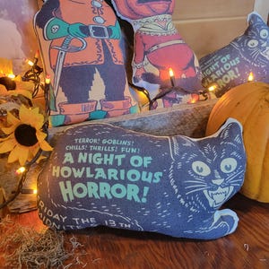 New Primitive Farmhouse Halloween vintage retro Fright Night black cat nostalgic decorative pillow shelf sitter tuck