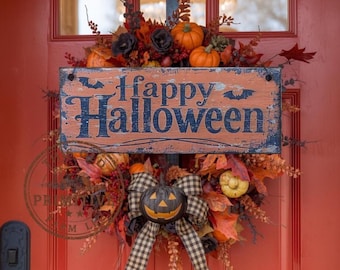 Handmade Happy Halloween Wood Sign with Hand-Applied Printed Artwork | Rustic Primitive Farmhouse Halloween Fall Decor | 13×5 Holiday Sign