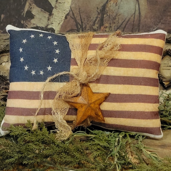 New Primitive Farmhouse Americana Patriotic vintage 13 star Besty Ross Flag retro inspired Decorative Pillow, tuck, door hanger, Large, XL