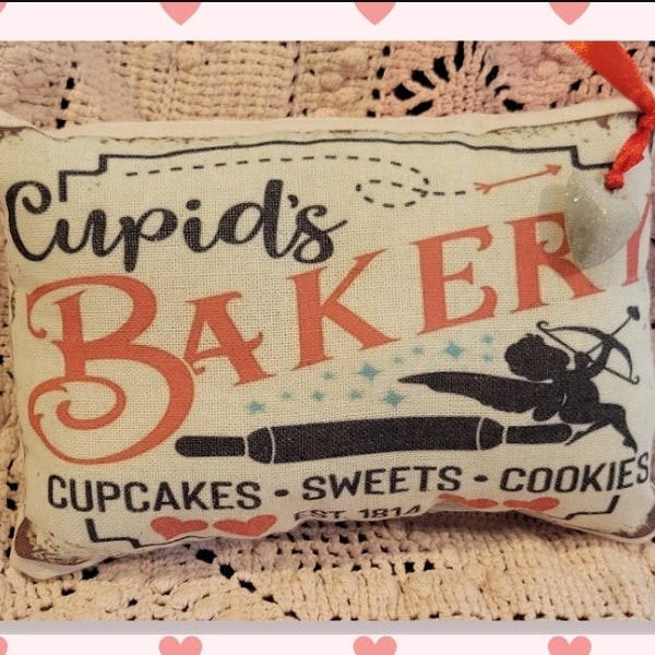 New Primitive Valentine Cupids Bakery vintage retro inspired mini tuck pillow 8" w x 5" L