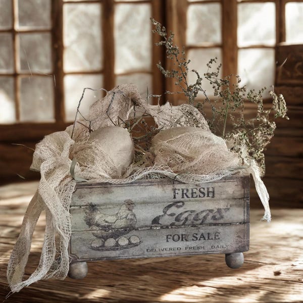 Limited Edition Primitive Egg Mini  Crate with Feet – Fresh Eggs Farmhouse Spring Decor, Handmade Rustic Farm Display