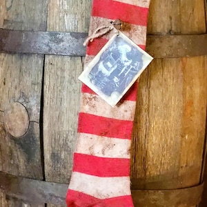 Primitive Farmhouse Stocking Christmas Red striped Stained and Grungy Striped Hanging Stocking Black and white Victorian Santa Claus
