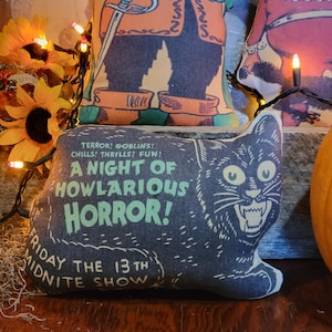 New Primitive Farmhouse Halloween vintage retro Fright Night black cat nostalgic decorative pillow shelf sitter tuck