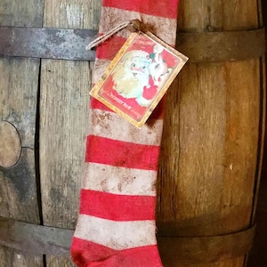 Primitive Farmhouse Stocking Christmas Red striped Stained and Grungy Striped Hanging Stocking Santa Claus and Rudolph Reindeer