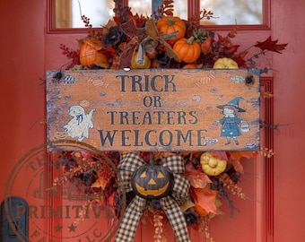 Handmade Trick or Treaters Welcome Wood Sign with Hand-Applied Printed Artwork | Rustic Farmhouse Fall Halloween Decor | 13×5 Holiday Sign
