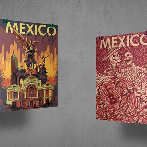 May include: Two vintage travel posters for Mexico. The first poster features a yellow, orange, and red illustration of the Angel of Independence monument in Mexico City. The second poster features a red and white illustration of two skeletons dancing with butterflies.