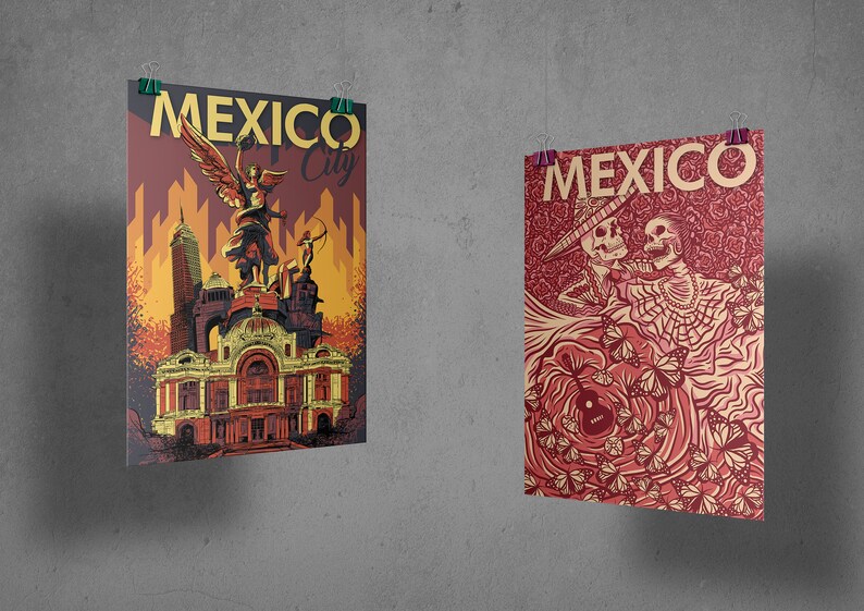 May include: Two vintage travel posters for Mexico. The first poster features a yellow, orange, and red illustration of the Angel of Independence monument in Mexico City. The second poster features a red and white illustration of two skeletons dancing with butterflies.