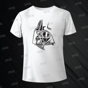 May include: White t-shirt with a black and white graphic of Darth Vader's helmet.