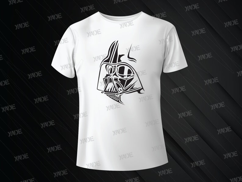 May include: White t-shirt with a black and white graphic of Darth Vader's helmet.