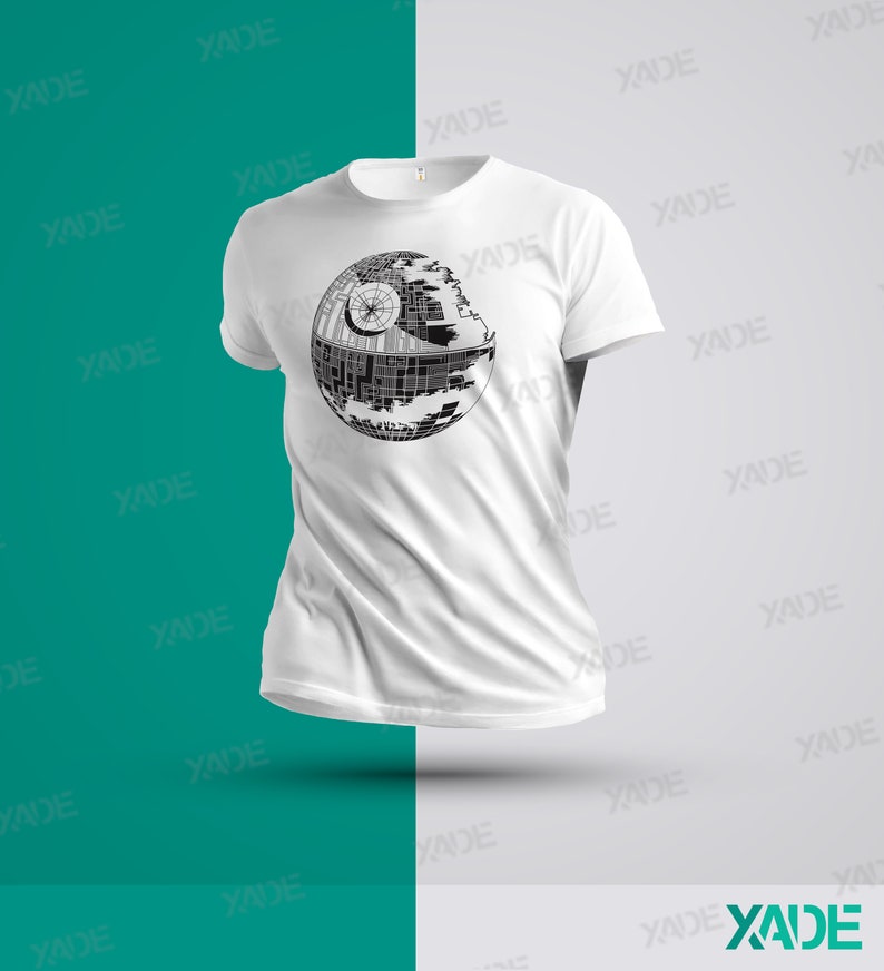 K&ouml;nnte beinhalten: Wei&szlig;es T-Shirt mit einem schwarz-wei&szlig;en Grafikdruck des Todessterns aus Star Wars.