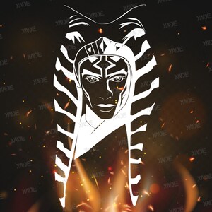 May include: A white silhouette of a woman with a distinctive headpiece, resembling a headdress with stripes, against a dark background with orange and yellow sparks.