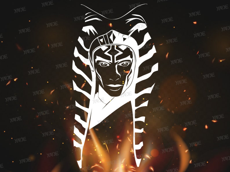 May include: A white silhouette of a woman with a distinctive headpiece, resembling a headdress with stripes, against a dark background with orange and yellow sparks.