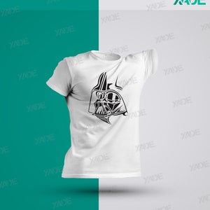 May include: A white t-shirt with a black graphic of Darth Vader's face on the front.