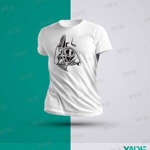 May include: White t-shirt with a black and white graphic of Darth Vader's face.
