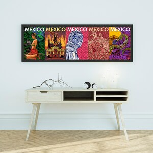 May include: A framed print with a colorful collage of five different images. The images are all related to Mexico and include a woman in traditional clothing, a building, a skull, a bird, and a snake. The text "MEXICO" is repeated five times across the top of the print.