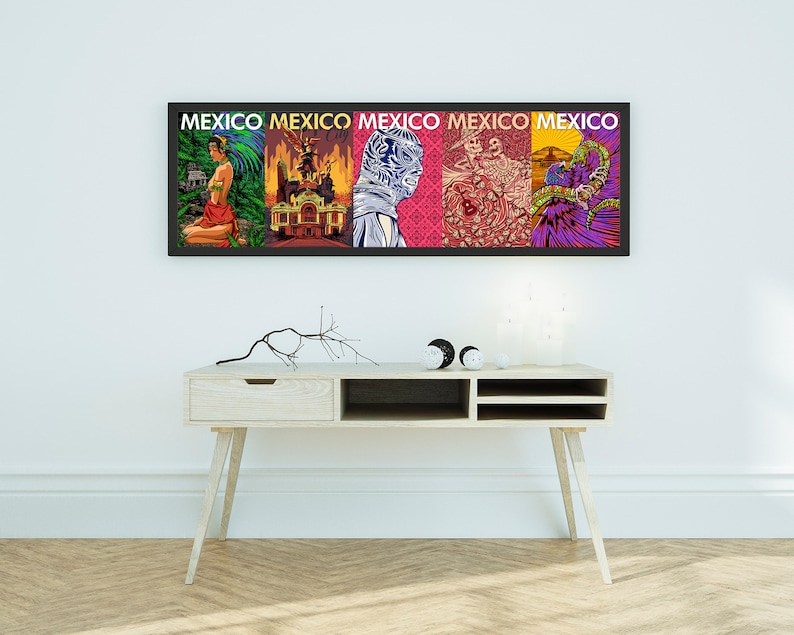 May include: A framed print with a colorful collage of five different images. The images are all related to Mexico and include a woman in traditional clothing, a building, a skull, a bird, and a snake. The text "MEXICO" is repeated five times across the top of the print.