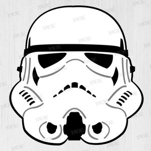 May include: Black and white illustration of a Star Wars Stormtrooper helmet.