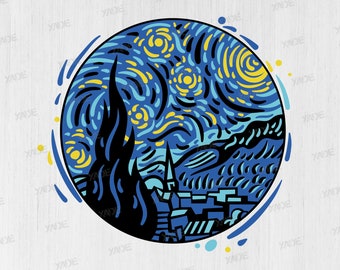 The Starry Night SVG layered file digital illustration, digital download classic art vector design