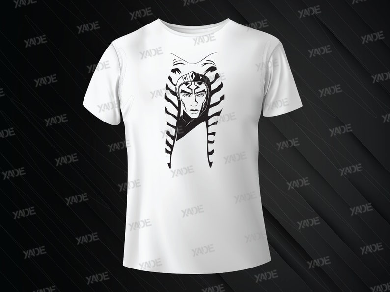 May include: White t-shirt with a black and white graphic of a character from Star Wars. The character is wearing a headdress with a distinctive pattern.
