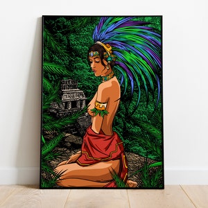 Mayan Girl & Pyramid printable wall art, digital download Mexican folk art wall decor, digital download home decor