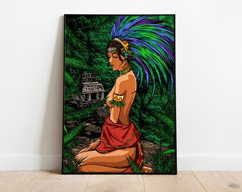 Mayan Girl & Pyramid printable wall art, digital download Mexican folk art wall decor, digital download home decor