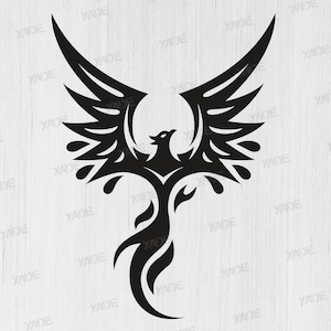 K&ouml;nnte beinhalten: Schwarz-wei&szlig;e Silhouette eines stilisierten Ph&ouml;nix mit ausgebreiteten Fl&uuml;geln und einem Flammenschweif. Der Ph&ouml;nix ist ein mythischer Vogel, der Wiedergeburt und Erneuerung symbolisiert.