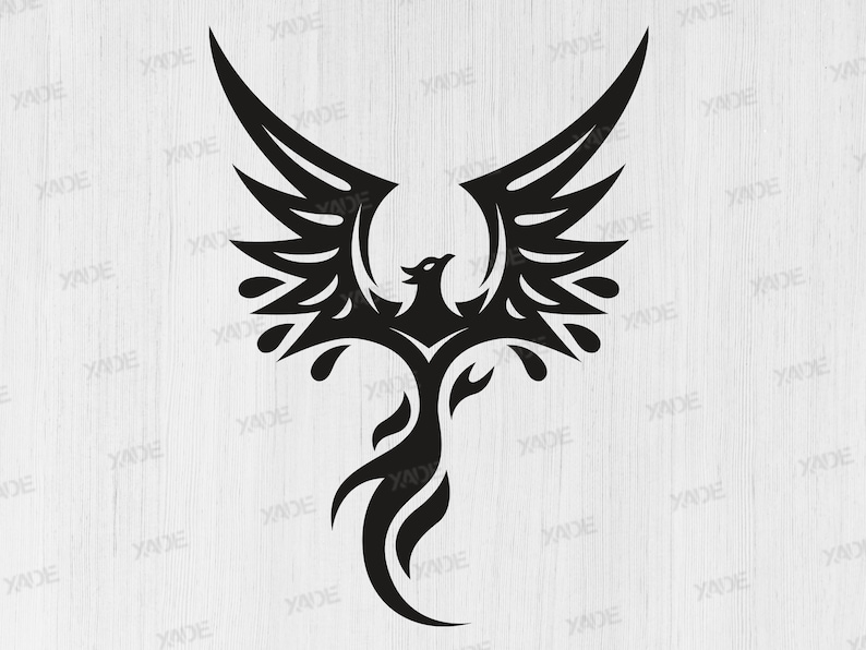 K&ouml;nnte beinhalten: Schwarz-wei&szlig;e Silhouette eines stilisierten Ph&ouml;nix mit ausgebreiteten Fl&uuml;geln und einem Flammenschweif. Der Ph&ouml;nix ist ein mythischer Vogel, der Wiedergeburt und Erneuerung symbolisiert.