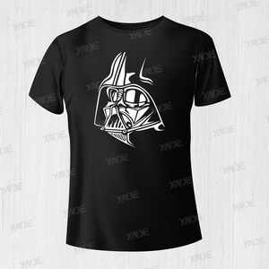 May include: A black t-shirt with a white graphic of Darth Vader's helmet.