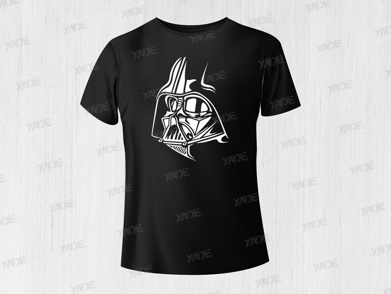 May include: A black t-shirt with a white graphic of Darth Vader's helmet.