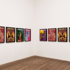 May include: A gallery wall display of nine framed posters with the word "MEXICO" in white text on a black background. Each poster features a different colorful illustration of a scene from Mexico.