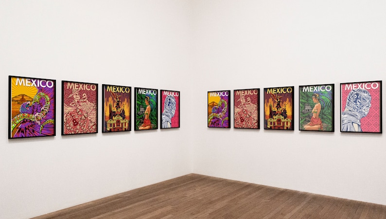 May include: A gallery wall display of nine framed posters with the word "MEXICO" in white text on a black background. Each poster features a different colorful illustration of a scene from Mexico.
