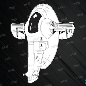 May include: Black and white line art illustration of a spaceship. The image features a detailed outline of the ship's design, with visible components such as the cockpit, wings, and various mechanical elements. The background is black with diagonal lines and the word "YADE" repeated.