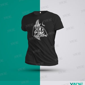 May include: Black t-shirt with a white graphic of Darth Vader's face.