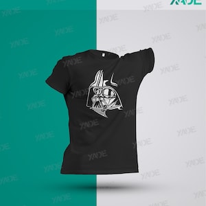 May include: Black t-shirt with a white graphic of Darth Vader's face.