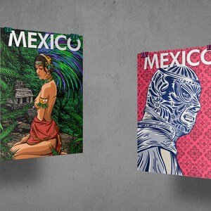 May include: Two posters with the word "MEXICO" in white letters on a black background. The poster on the left features a woman with a headdress and a red skirt in a jungle setting. The poster on the right features a wrestler wearing a blue and white mask with a pink background.
