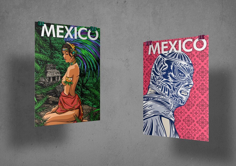 May include: Two posters with the word "MEXICO" in white letters on a black background. The poster on the left features a woman with a headdress and a red skirt in a jungle setting. The poster on the right features a wrestler wearing a blue and white mask with a pink background.