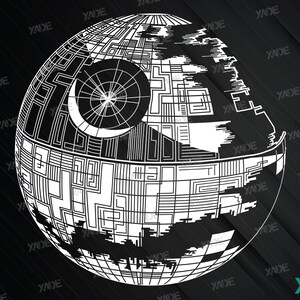K&ouml;nnte beinhalten: Eine Schwarzwei&szlig;illustration des Todessterns aus dem Star Wars-Franchise. Der Todesstern ist eine gro&szlig;e, kugelf&ouml;rmige Raumstation mit einem charakteristischen Design.