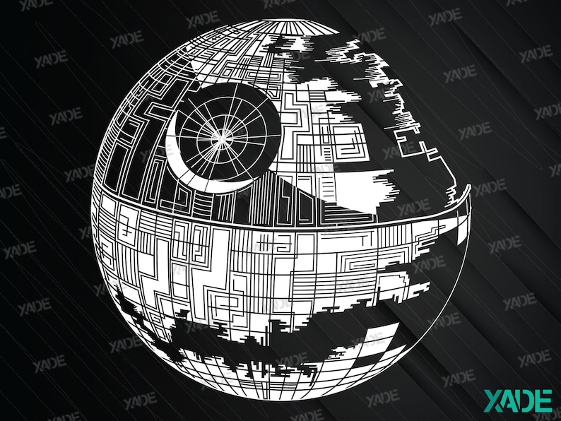 K&ouml;nnte beinhalten: Eine Schwarzwei&szlig;illustration des Todessterns aus dem Star Wars-Franchise. Der Todesstern ist eine gro&szlig;e, kugelf&ouml;rmige Raumstation mit einem charakteristischen Design.