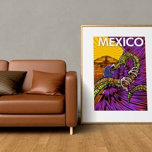 May include: A colorful poster with the word "MEXICO" in white text. The poster features a stylized illustration of an eagle with a snake in its talons, set against a yellow and orange background.