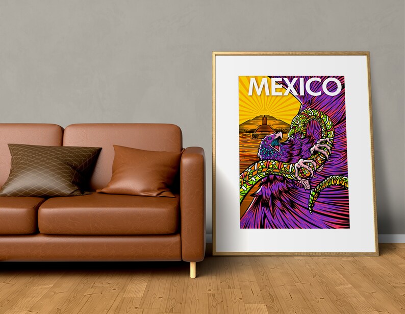 May include: A colorful poster with the word "MEXICO" in white text. The poster features a stylized illustration of an eagle with a snake in its talons, set against a yellow and orange background.