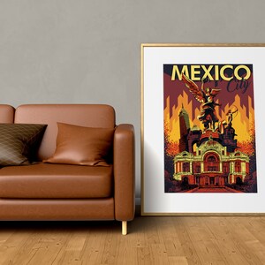 May include: A vintage travel poster with a yellow and red color scheme featuring a stylized illustration of the Angel of Independence monument in Mexico City. The text "MEXICO City" is in a yellow font.