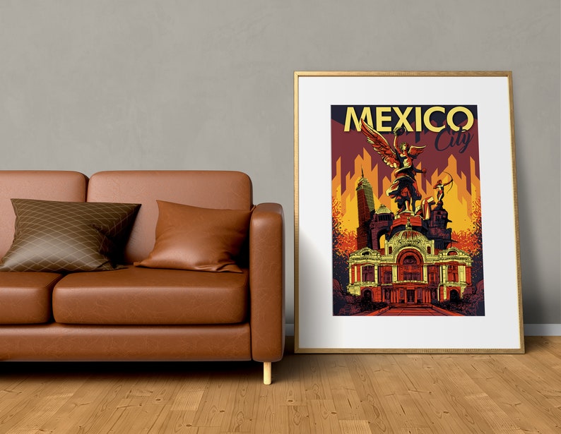 May include: A vintage travel poster with a yellow and red color scheme featuring a stylized illustration of the Angel of Independence monument in Mexico City. The text "MEXICO City" is in a yellow font.