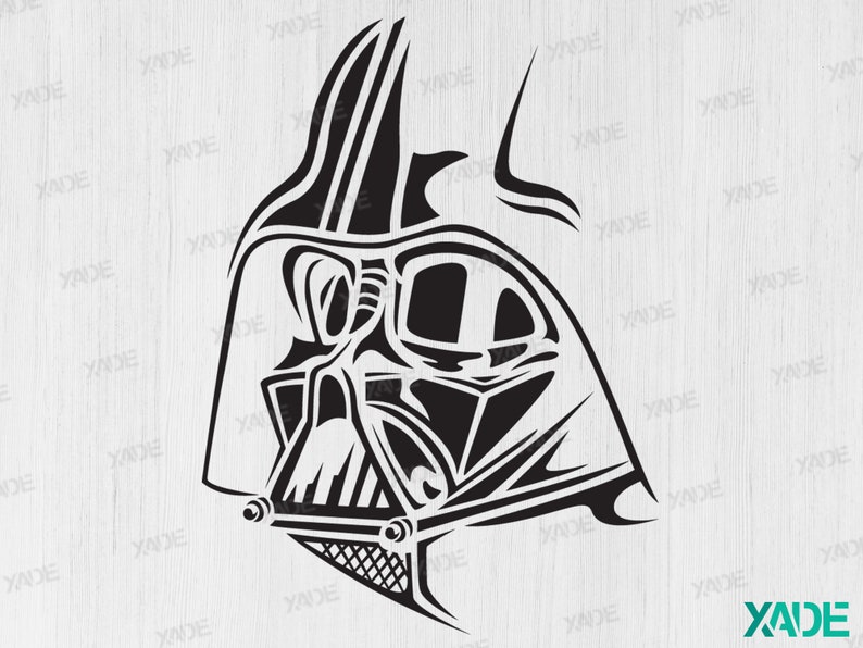 May include: Black and white illustration of Darth Vader's helmet, a popular character from the Star Wars franchise.