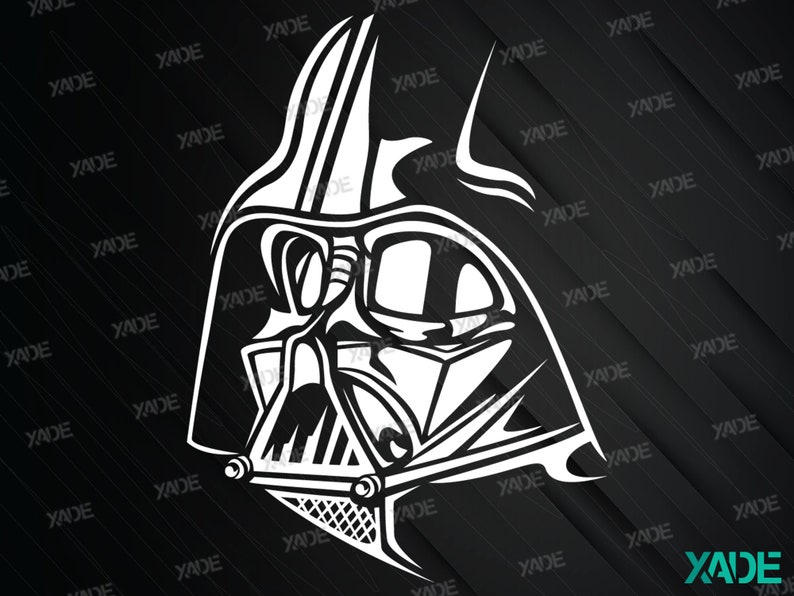 May include: A black and white illustration of Darth Vader's helmet. The helmet is detailed with a black mask and a white face.