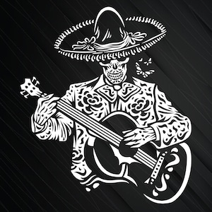 Guitar Player Skull Art SVG file digital illustration, digital download Mexican folk art vector design